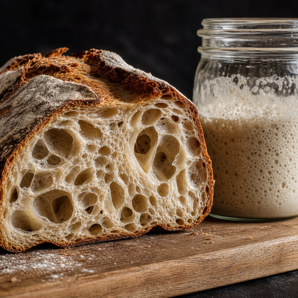 Miolo alveolar de pão italiano artesanal e levain ativo ilustrando ph da massa o segredo da fermentação perfeita