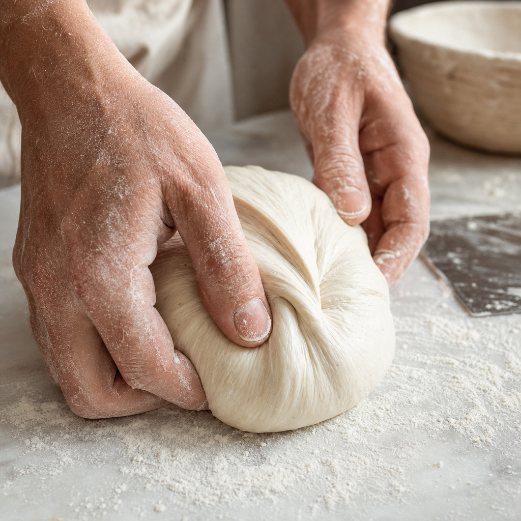 Mãos modelando massa de pão italiano na bancada — técnica de tensão de superfície na modelagem de pao italiano crocancia
