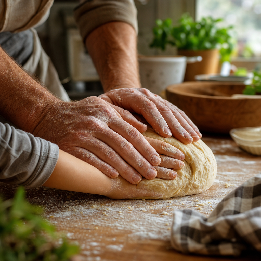 Mãos de adulto e criança sovando massa de pão juntos — comida caseira o sabor que atravessa gerações