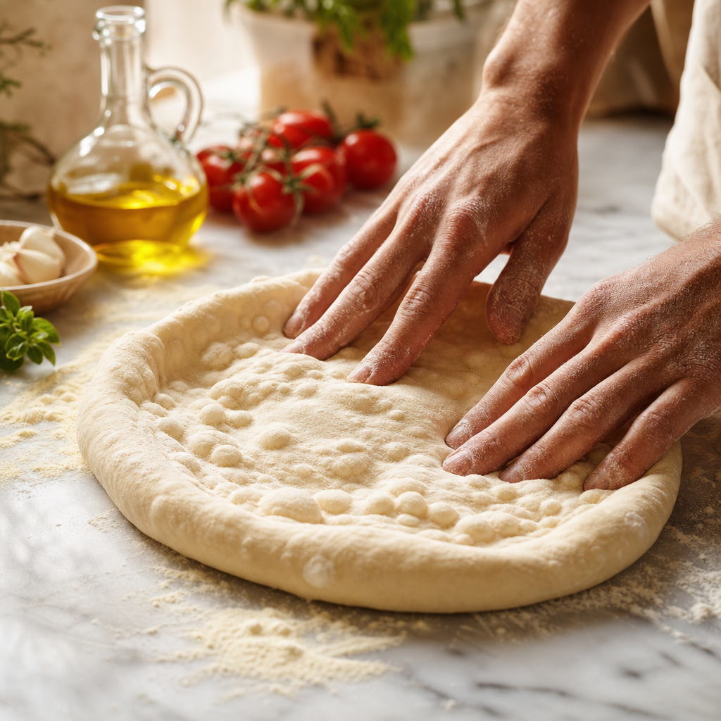 Massa de pizza artesanal sendo aberta à mão sobre mármore — ingredientes frescos que mostram por que vale a pena ter forno em casa