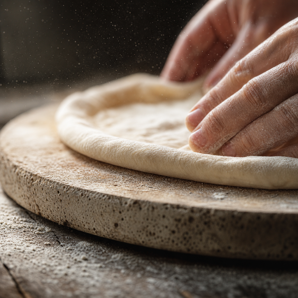 Pedra refratária com massa de pizza sendo aberta à mão — detalhe essencial para entender qual o melhor forno de pizza para casa