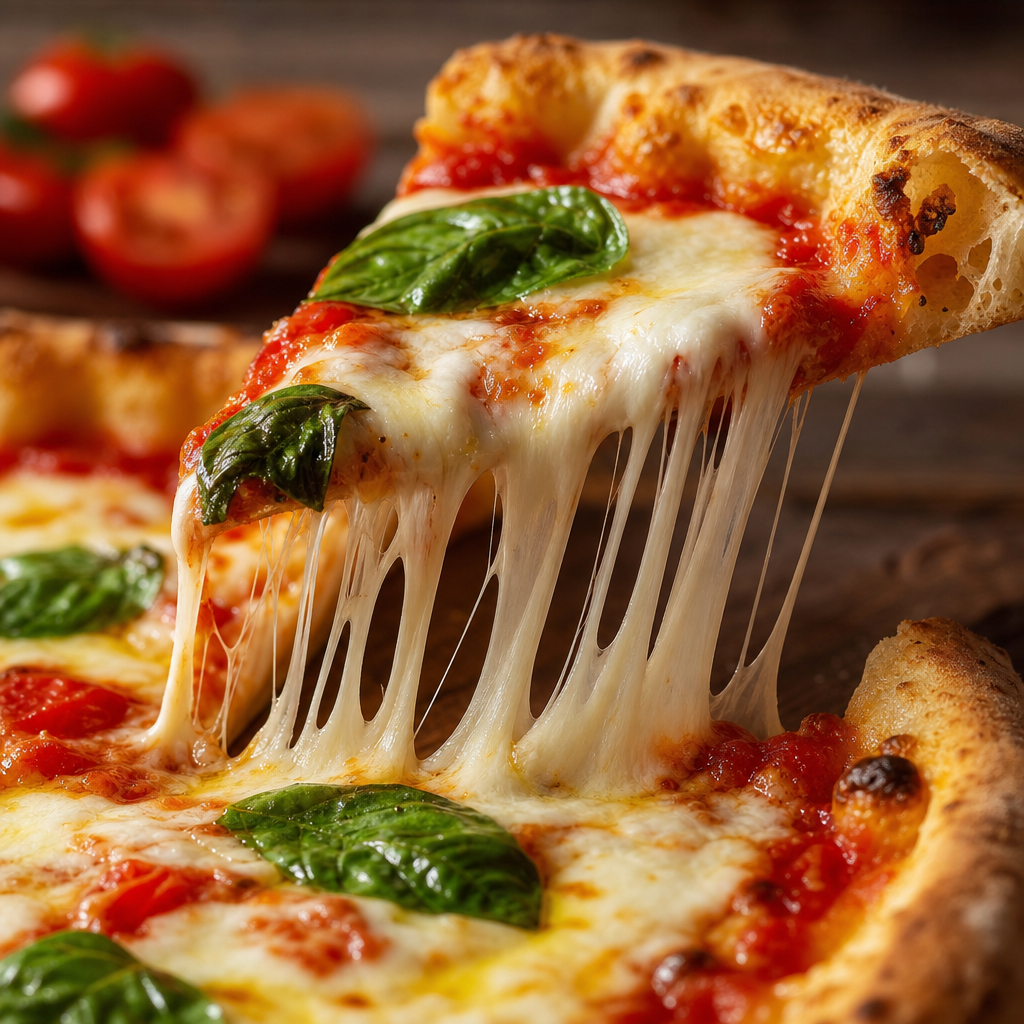 Fatia de pizza napolitana com queijo derretido em fio — textura que demonstra por que o forno Larroyd assa com perfeição