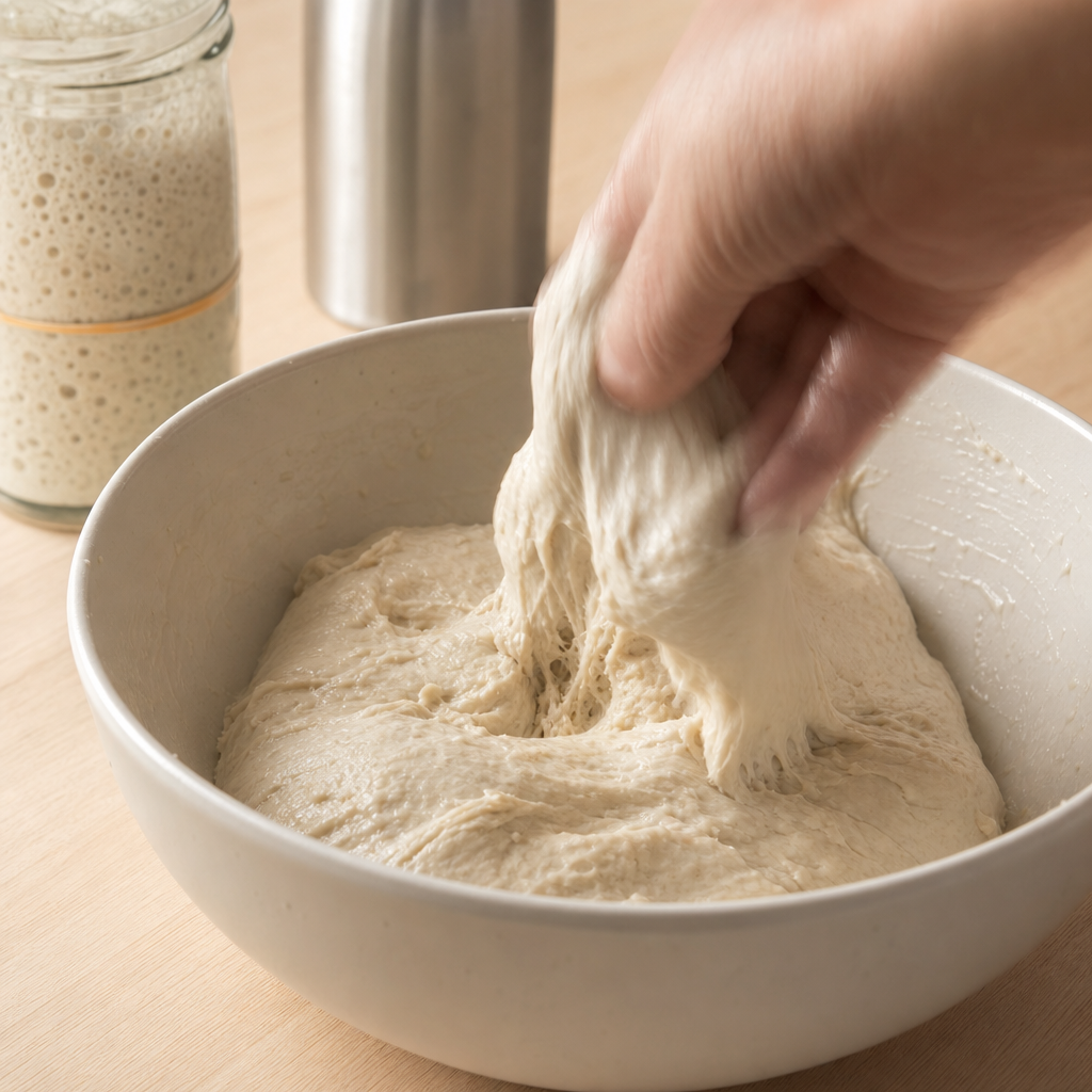 Massa de pão rústico com levain e autólise sendo dobrada em bowl de cerâmica durante fermentação