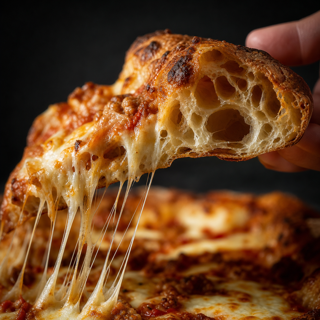 Fatia de pizza com alvéolos abertos e queijo esticado — estrutura da massa que só a temperatura ideal para pizza proporciona