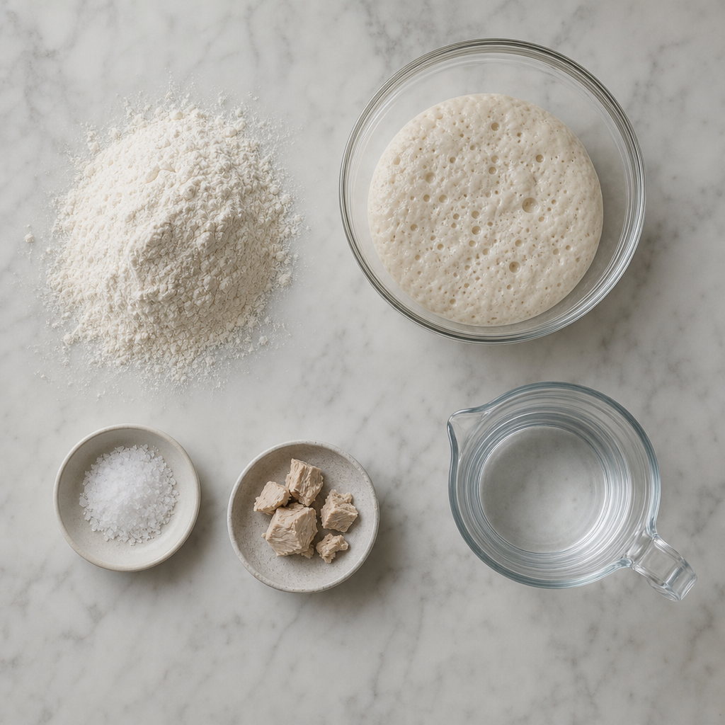 Ingredientes da receita de ciabatta: biga fermentada, farinha, sal e fermento sobre mármore