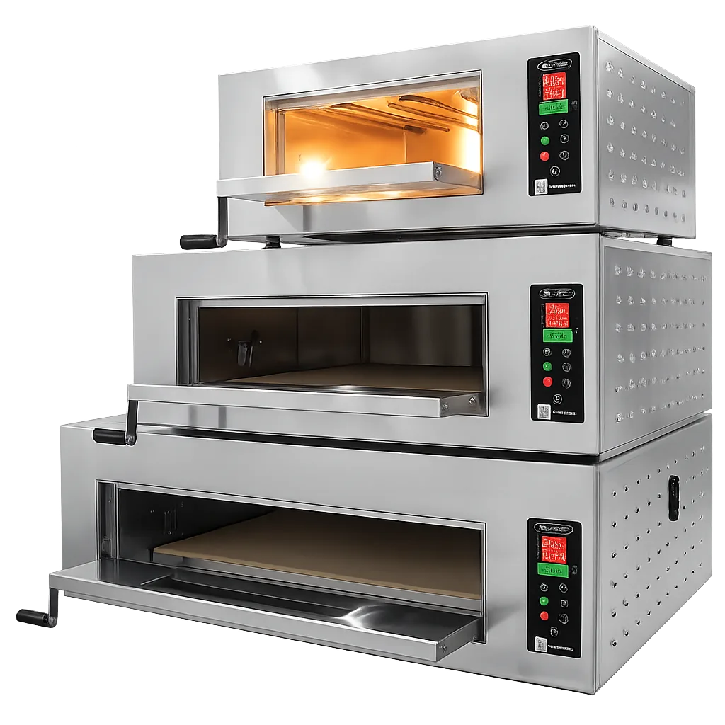 Linha de fornos de lastro elétricos Larroyd para pizzaria em três tamanhos (imagem ilustrativa)
