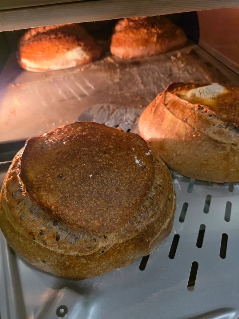 Pão artesanal de padaria assado no forno Larroyd com vapor